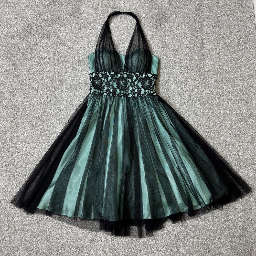 Betsy & Adam Dress Womens 10 Green Black Lace Halter Tulle Midi Party Cocktail